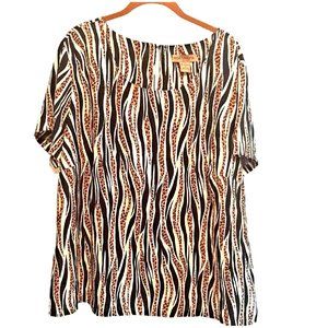 3X Notations Blouse Top Black/Ecru Animal Print Scoop Neck Short Sleeves